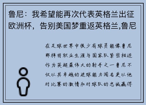 鲁尼：我希望能再次代表英格兰出征欧洲杯，告别美国梦重返英格兰,鲁尼的职业生涯只剩一个目标